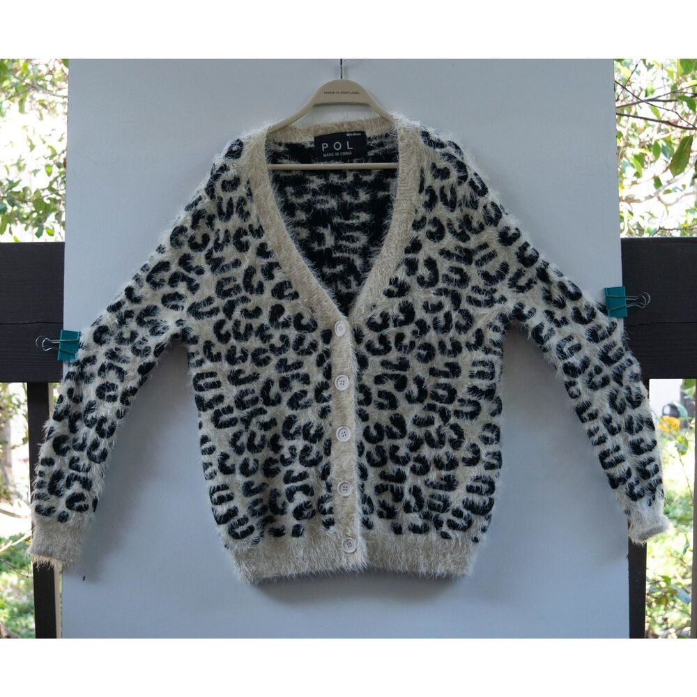 Pol Snow Leopard Animal Print Button Up Sweater Cardigan Black White‎ Size M